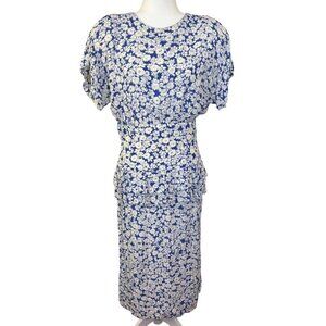 VINTAGE ❤️  Maggy London Blue & White Floral Rayon Dress - 12 - READ description